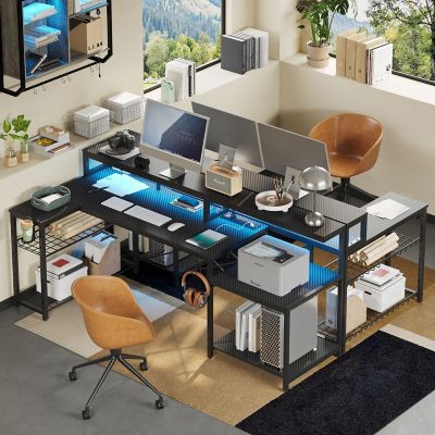 Image showing  71 in. L-Shaped RGB Gaming Desk with Power Outlets, Adjustable Shelves & Carbon Fiber Surface