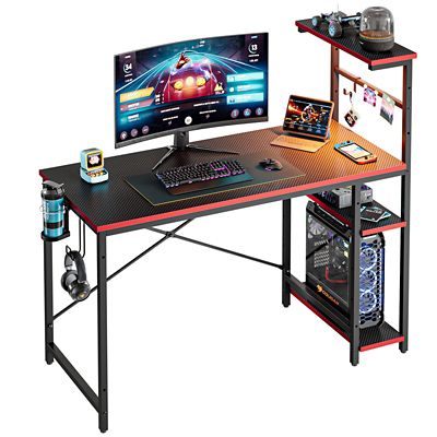 Bestier 44 in. Gaming Desk with LED Lights, Adjustable Shelves & Cup Holder, Reversible Side Storage