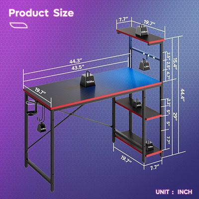 Image showing  44 in. Gaming Desk with LED Lights, Adjustable Shelves & Cup Holder, Reversible Side Storage