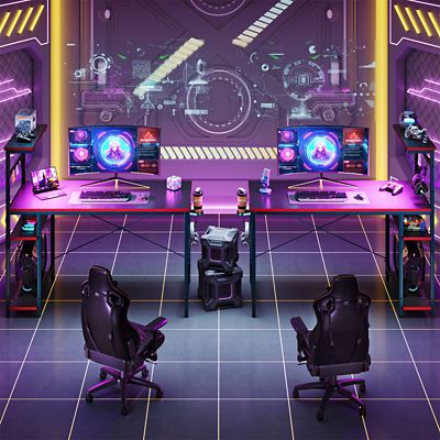 Image showing  44 in. Gaming Desk with LED Lights, Adjustable Shelves & Cup Holder, Reversible Side Storage