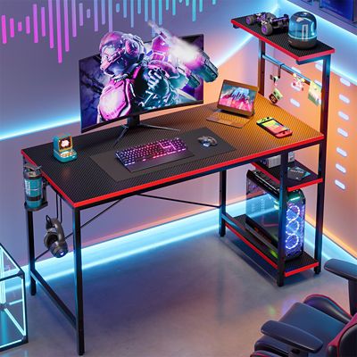 Image showing  44 in. Gaming Desk with LED Lights, Adjustable Shelves & Cup Holder, Reversible Side Storage