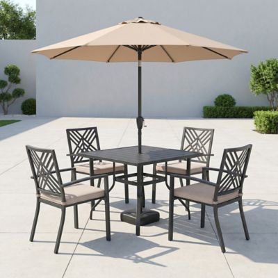 Sour Citrus 7-Piece Patio Dining Set with Umbrella and Cushions, Stackable Chairs and Square Table Set