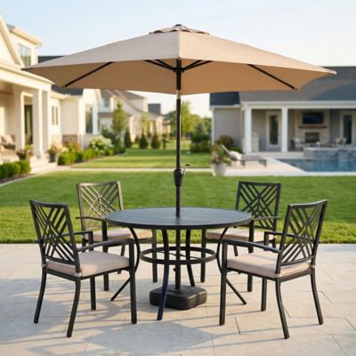 Sour Citrus 7 pc. Patio Dining Set with Umbrella and Cushions, Stackable Chairs and Table Set