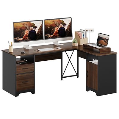 Bestier 63 in. L-Shaped Computer Desk with Monitor Stand, File Drawers & Storage Cabinet for Home Office