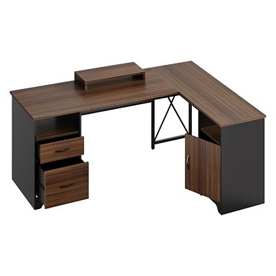 Image showing  63 in. L-Shaped Computer Desk with Monitor Stand, File Drawers & Storage Cabinet for Home Office