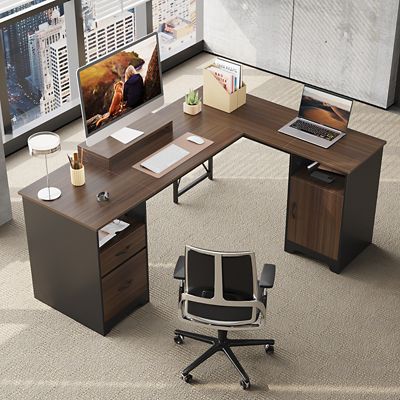 Image showing  63 in. L-Shaped Computer Desk with Monitor Stand, File Drawers & Storage Cabinet for Home Office