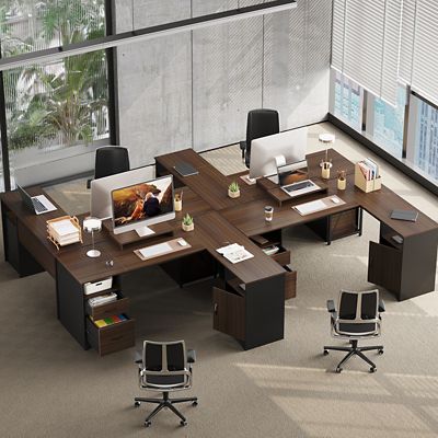 Image showing  63 in. L-Shaped Computer Desk with Monitor Stand, File Drawers & Storage Cabinet for Home Office