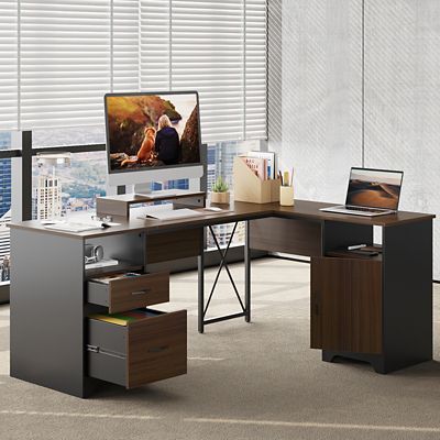 Image showing  63 in. L-Shaped Computer Desk with Monitor Stand, File Drawers & Storage Cabinet for Home Office