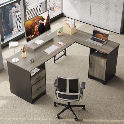 Image showing  63 in. L-Shaped Computer Desk with Monitor Stand, File Drawers & Storage Cabinet for Home Office