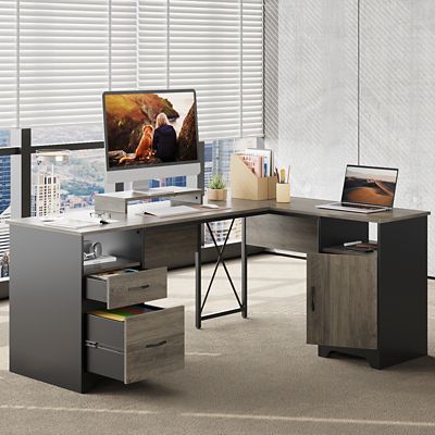 Image showing  63 in. L-Shaped Computer Desk with Monitor Stand, File Drawers & Storage Cabinet for Home Office