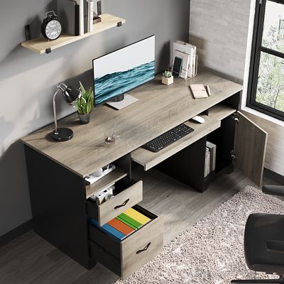 Image showing  59 in. Home Office Desk with A4 File Drawer, Keyboard Tray, Dust-Proof Cabinet & Cable Management