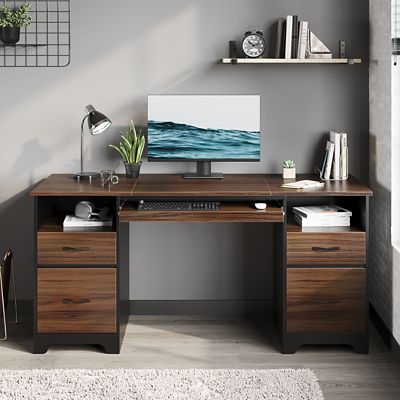 Image showing  59 in. Computer Desk with 4 Drawers & Keyboard Tray, Home Office Desk with Cable Management Hole for Study & Work