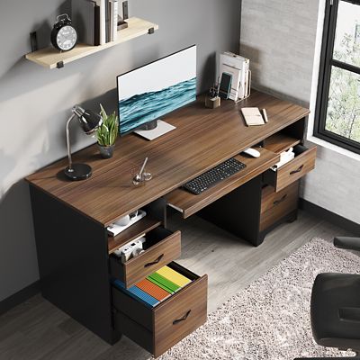 Image showing  59 in. Computer Desk with 4 Drawers & Keyboard Tray, Home Office Desk with Cable Management Hole for Study & Work