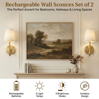 Image showing  Set of 2 Scallop Dimmable LED Rechargeable Cordless Touch Control Lights Wall Sconces