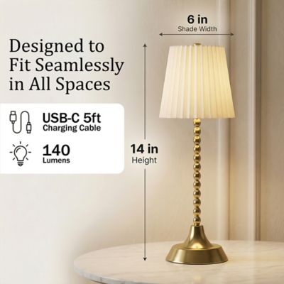 Image showing  Beaded Stem Pleat Shade Rechargeable LED Dimmable Touch Control Cordless Portable Table Lamp