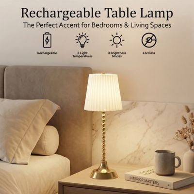 Image showing  Beaded Stem Pleat Shade Rechargeable LED Dimmable Touch Control Cordless Portable Table Lamp
