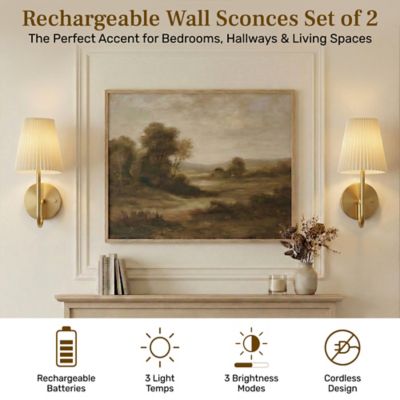 Image showing  Set of 2 Accord Pleat Dimmable LED Rechargeable Cordless Touch Control Lights Wall Sconces
