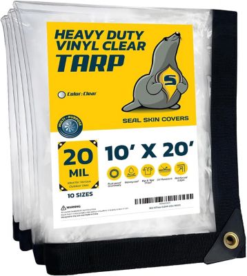 Seal Skin Covers Seal Skin Waterproof Clear Tarp 10 x 20ft., 20 Mil Transparent Vinyl Tarpaulin with Grommets