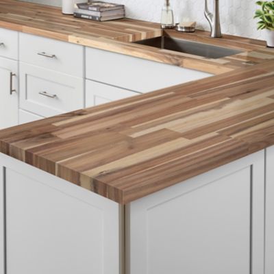 Image showing  Unfinished Acacia Finger Joint Butcher Block Countertop, 98 in. x 25 in. x 1.5 in., Eased Edge