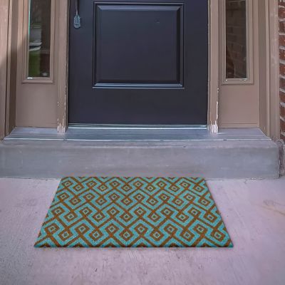 Image showing  Clara Turquoise Geometric Flocked Outdoor Coir Doormat with Non-Slip Backing
