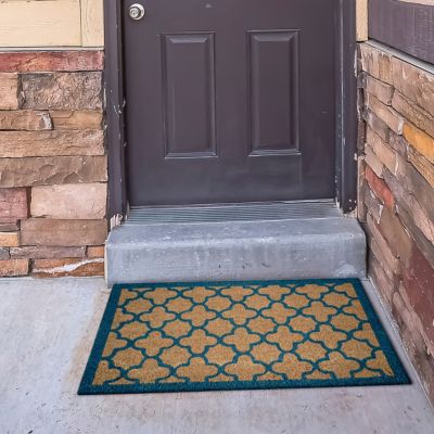 Image showing  Clara Blue Quatrefoil Flocked Outdoor Coir Doormat with Non-Slip Backing