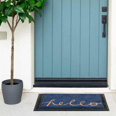 Image showing  Clara Blue Hello Flocked Outdoor Coir Doormat with Non-Slip Backing