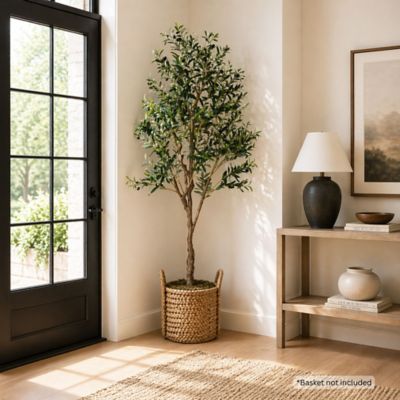 Shine Company 7 ft. Premium Artificial Olive Tree with Realistic Leaves, Branches, Trunk & Olives in Black Nursery Pot