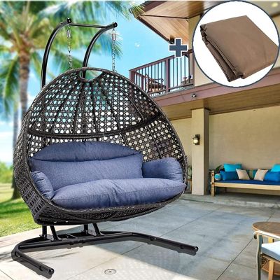Upland Charcoal Wicker Hanging Double-Seat Swing Chair with Stand