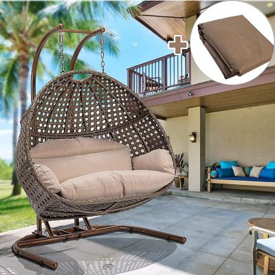 Upland Charcoal Wicker Hanging Double-Seat Swing Chair with Stand, Beige