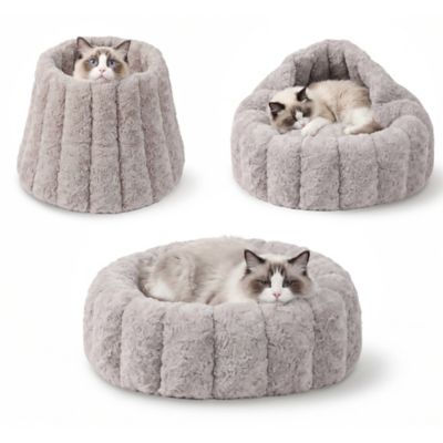 PawsPik 3 in 1 Convertible Plush Cave & Donut Bolster Dog & Cat Bed, Medium, Grey