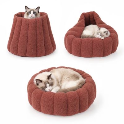 PawsPik 3 in 1 Convertible Plush Cave & Donut Bolster Dog & Cat Bed, Medium, Orange