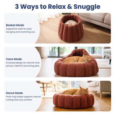 Image showing  3 in 1 Convertible Plush Cave & Donut Bolster Dog & Cat Bed, Medium, Orange