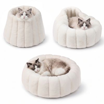 PawsPik 3 in 1 Convertible Plush Cave & Donut Bolster Dog & Cat Bed, Medium, Cream
