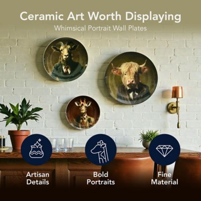 Image showing  Farm Animal Wall Plate Set of 3, Ceramic Anthropomorphic Animal Portrait Wall Decor