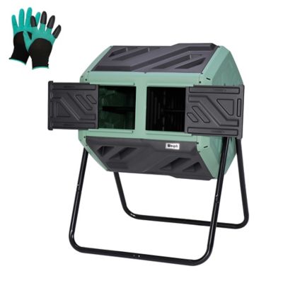 Werph Updated 43 gal. Dual Chamber Compost Tumbler Outdoor Dark Green Fast Assembly With Gloves