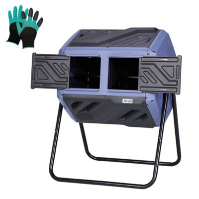 Werph Updated 43 gal. Dual Chamber Compost Tumbler Outdoor Dark Blue Fast Assembly With Gloves