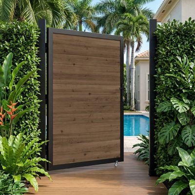 Veikous 4 x 6ft. Wood Fence Gate for Hard Ground with Aluminum Frame, Wheel and Lock, Brown