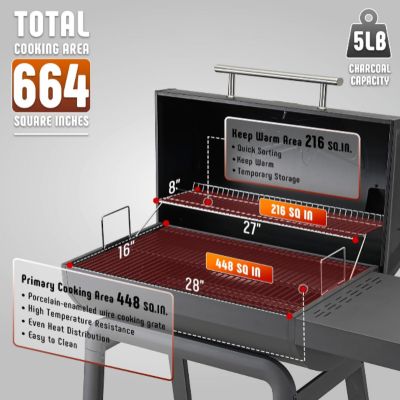 Image showing  30 in. Heavy Duty Charcoal BBQ Grill, 647 Sq.In Cooking Area Outdoor Grill with Side Table