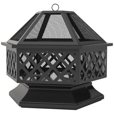 Upland 28 in. Outdoor Fire Pit with Grill Hexagon Fireplace Wood Burning Firepit, Cooking Grate, Fire Poker, Spark Screen Lid