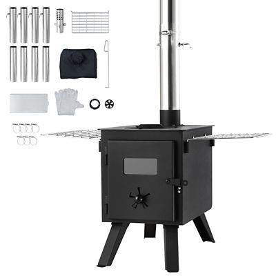 Upland 86 in. Portable Alloy Steel Camping Tent Stove with Chimney Pipes & Gloves for Outdoor Cooking and Heating with 8 Pipes