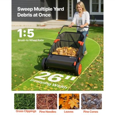 Image showing  Push Lawn Sweeper 26in Leaf & Grass Collector 7 cu.ft. Hopper Bag Adjustable Brush Height Spinning Brushes Rubber Wheels