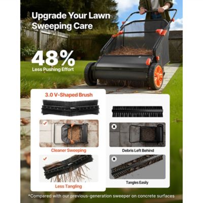 Image showing  Push Lawn Sweeper 26in Leaf & Grass Collector 7 cu.ft. Hopper Bag Adjustable Brush Height Spinning Brushes Rubber Wheels