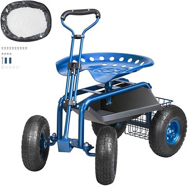VEVOR Garden Cart Rolling Workseat with Wheels, Gardening Stool for Planting, 360 deg. Swivel Seat, Blue
