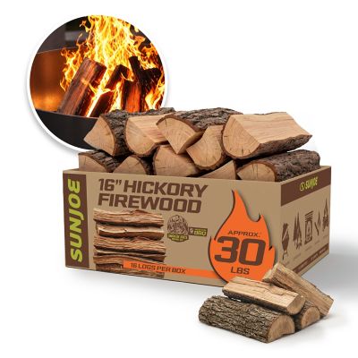 Sun Joe 16 in. Hickory Firewood 100% Natural Kiln-Dried for Fireplaces, Campfires, Wood Stoves, Fire Pits & Grills, 30 lb. Box
