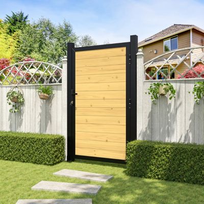 Veikous 3 x 6ft. Wood Fence Gate with Aluminum Frame, Wheel and Lock, Wood Color