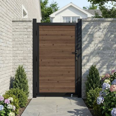 Veikous 3 x 6ft. Wood Fence Gate with Aluminum Frame, Wheel and Lock, Brown