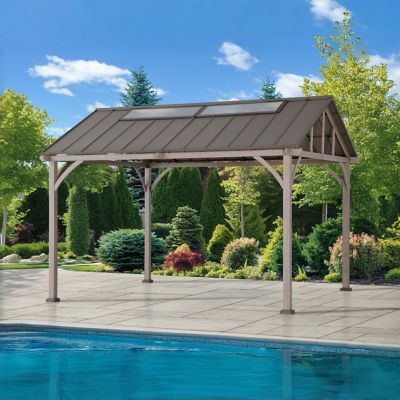 Sunjoy 11 x 13 Hardtop Gazebo with Pitched Roof Canopy and Metal Frame, Outdoor Gazebo Pergola for Patio, Backyard and Garden