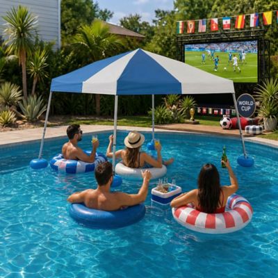 Sunjoy 10 x 10 Pop Up Gazebo Fabric Canopy Steel and Aluminum Frame Floating Tent with PVC Floats Hand Air Pump Grey & Blue