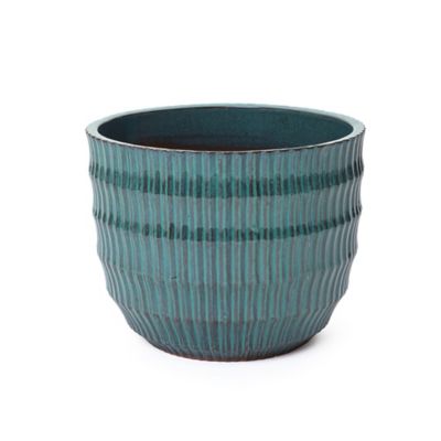 LuxenHome Boho Coastal Ceramic Planter, 11.2 in. Tall Pot with Ribbed Texture & Weathered Blue Finish