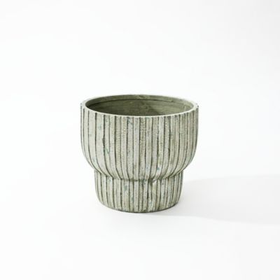 LuxenHome Vintage Distressed White with Green 13.4 in. Tall Round Cement Planter